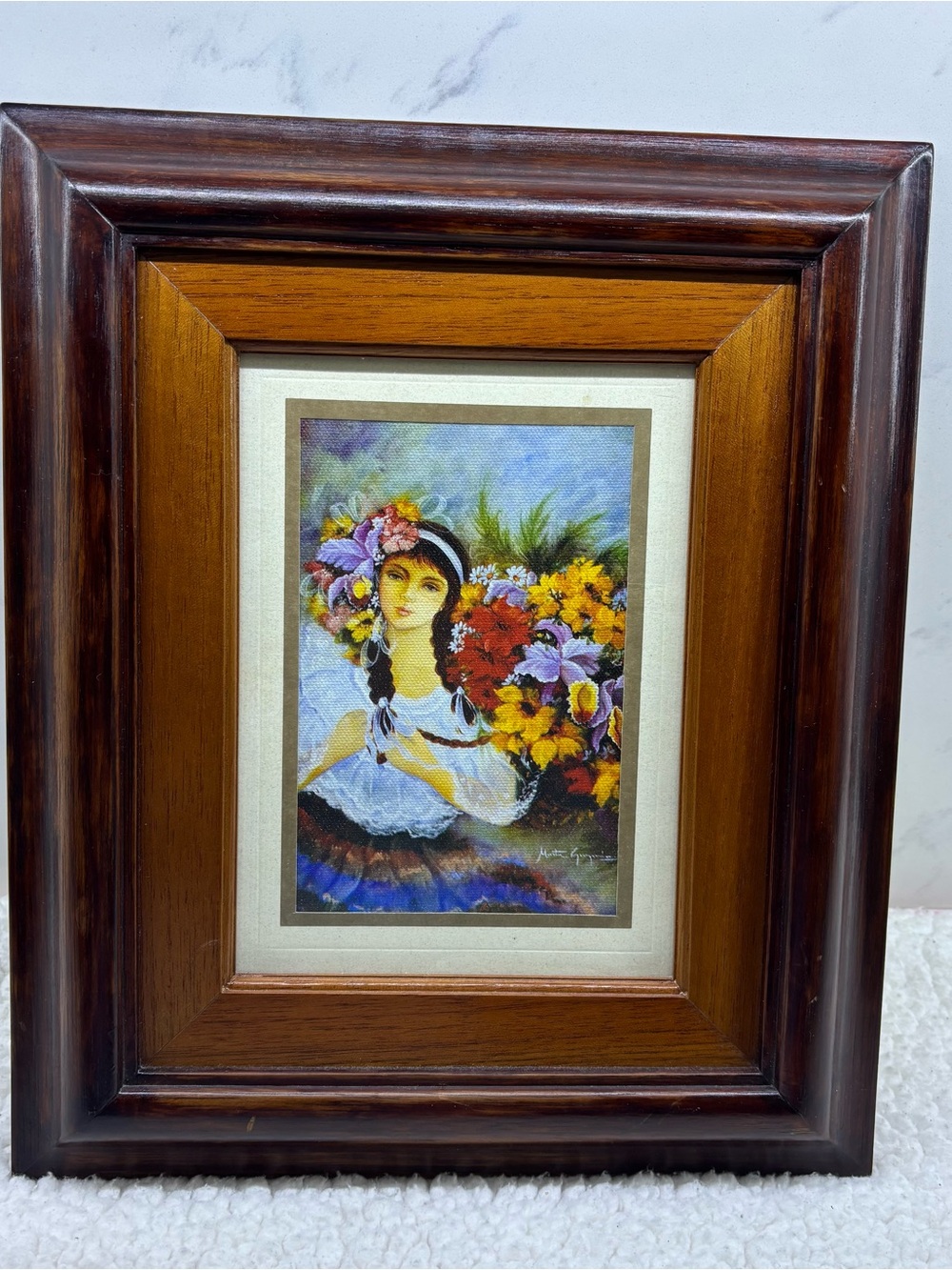 Mid-Century Costumbrista Portrait Miniature Art Traditional Woman Vibrant Flower